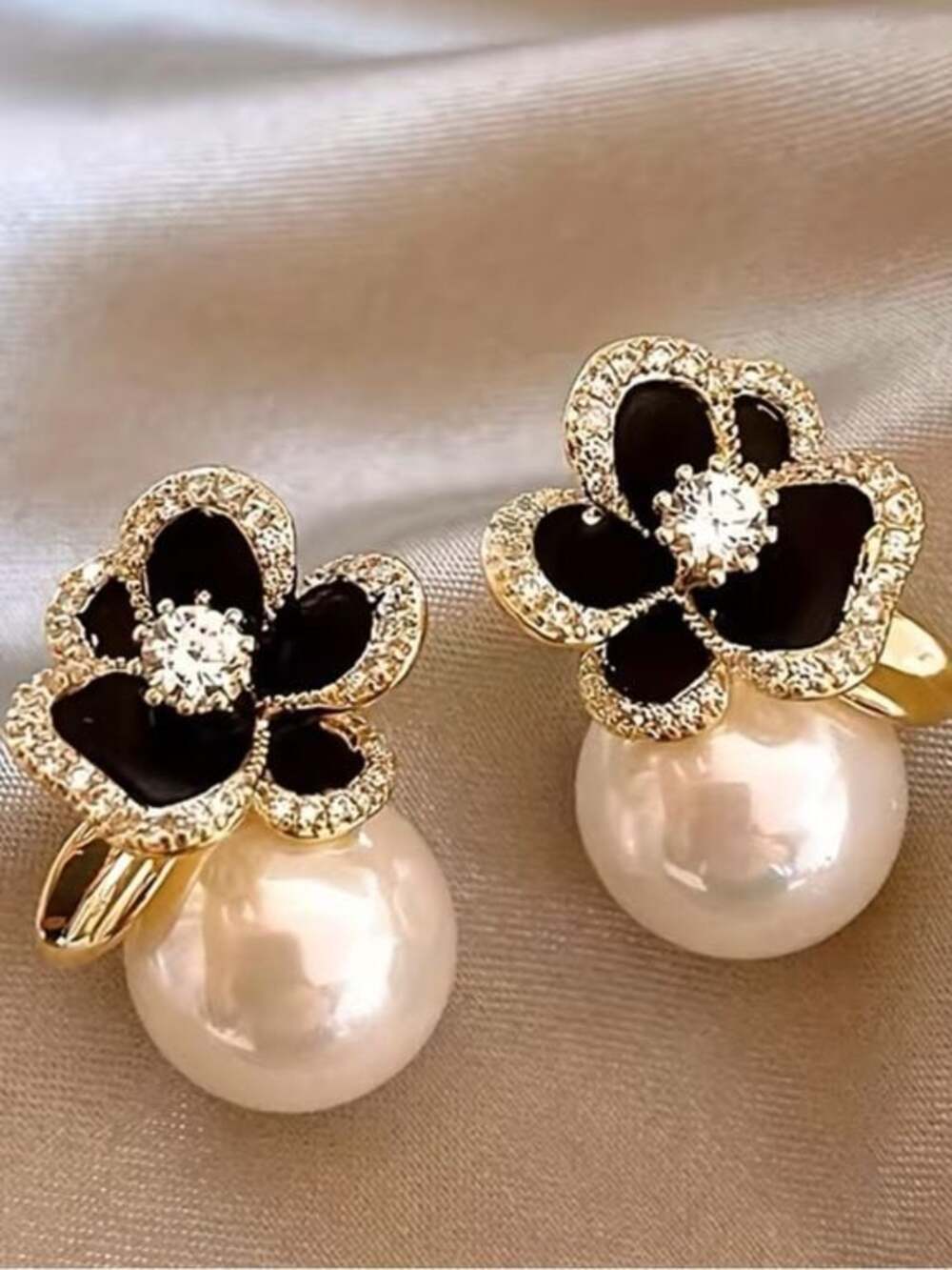 Gold Floral Pearl Drop Earrings with Navy and White Accents - Picture 2 of 4